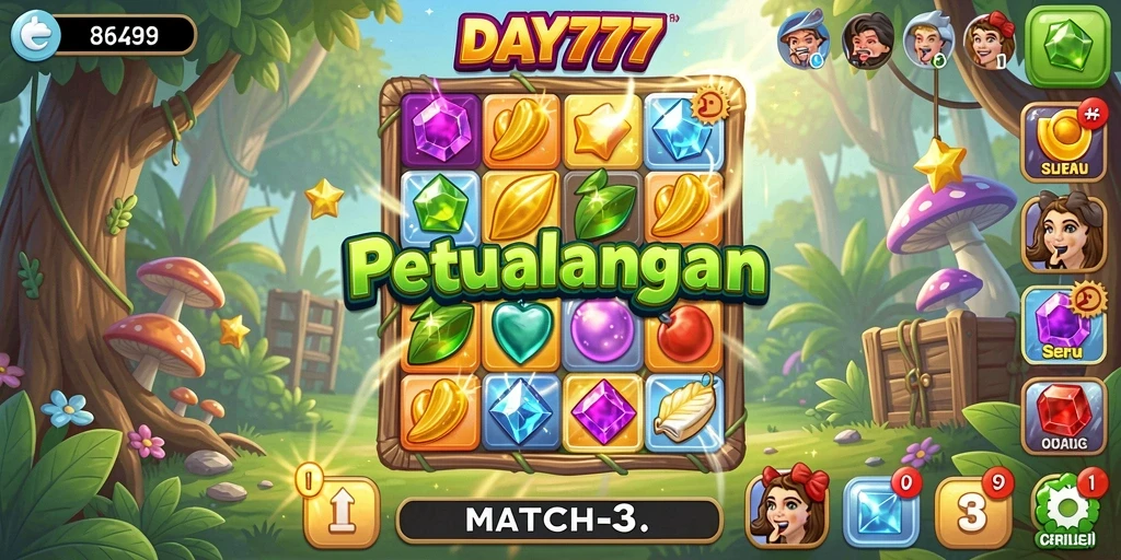 Screenshot utama DAY777 menampilkan gameplay Match-3 yang menantang dan berwarna-warni.